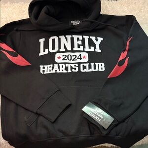 Lonely hearts Black Hoodie with Red Flames nwt